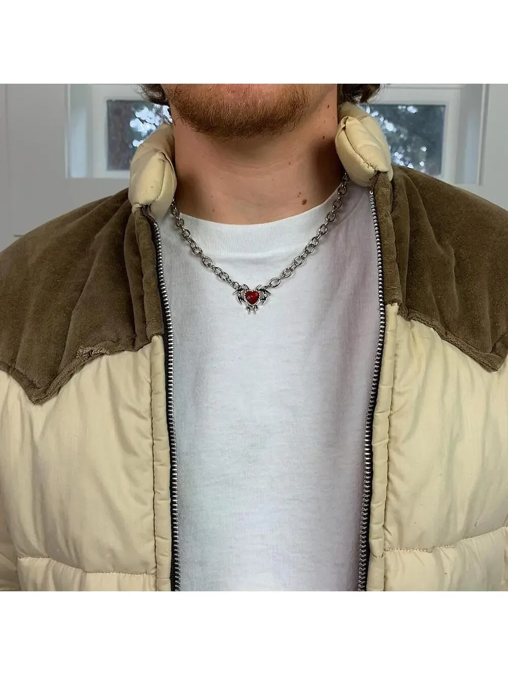 Cyber Red heart shaped opal love pendant thick chain y2k 2000s opium style neckl